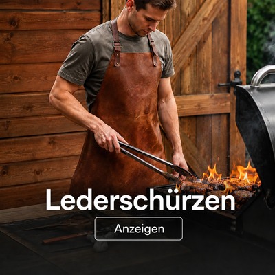 Kategoria-kozene-zastery-DE-400 Mann mit brauner Lederschürze beim Grillen vor rustikaler Holzwand