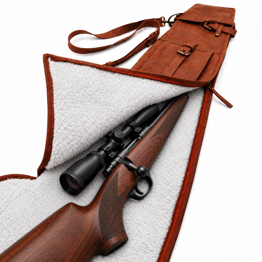 Geöffnetes braunes Western Leder-Gewehrfutteral mit hellem Futter und Jagdgewehr mit Zielfernrohr